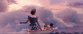 Movie still from “Mary Poppins Returns” (2018), directed by Rob Marshall – A woman and two children on a boat in the ocean; Wide shot, High angle