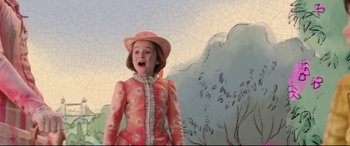Movie still from “Mary Poppins Returns” (2018), directed by Rob Marshall – A girl in a pink dress and a pink hat; Medium shot, Low angle