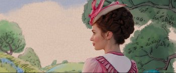 Movie still from “Mary Poppins Returns” (2018), directed by Rob Marshall – A woman in a pink dress and a hat; Close Up shot, Over the shoulder angle