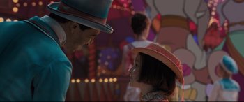 Movie still from “Mary Poppins Returns” (2018), directed by Rob Marshall – A man and a woman wearing hats and talking to each other; Close Up shot, Over the shoulder angle