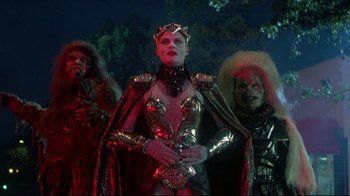 Movie still from “Masters of the Universe” (1987), directed by Gary Goddard – A group of people dressed up in costumes; Medium shot, Low angle