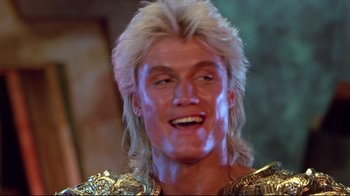 Movie still from “Masters of the Universe” (1987), directed by Gary Goddard – A person wearing a costume; Close Up shot, Low angle