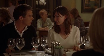 Movie still from “Match Point” (2005), directed by Woody Allen – A man and a woman sitting at a table with wine glasses; Medium shot, Over the shoulder angle