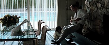 Movie still from “Matchstick Men” (2003), directed by Ridley Scott – A man and a dog sitting on the floor of a living room; Wide shot, Low angle