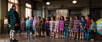 Movie still from “Matilda” (1996), directed by Danny DeVito – A group of children standing next to each other in a room; Wide shot, High angle