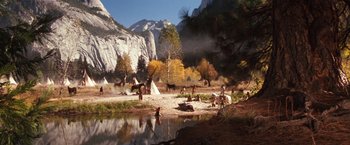 Movie still from “Maverick” (1994), directed by Richard Donner – A group of people standing next to a body of water; Extreme Wide shot, High angle