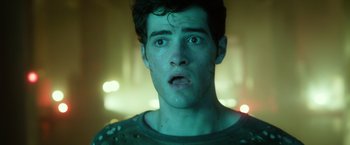 Movie still from “Max Steel” (2016), directed by Stewart Hendler – A person with his mouth wide open; Close Up shot, Low angle