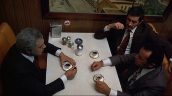 Movie still from “Mean Streets” (1973), directed by Martin Scorsese – A group of men sitting at a table with cups of coffee; Medium shot, High angle