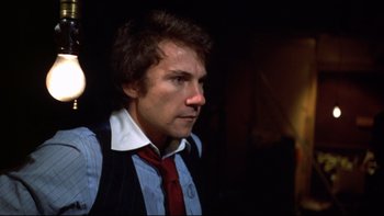 Movie still from “Mean Streets” (1973), directed by Martin Scorsese – A person wearing a suit and a tie; Close Up shot, Low angle
