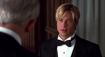 Movie still from “Meet Joe Black” (1998), directed by Martin Brest – A man wearing a tuxedo and a bow tie; Close Up shot, Over the shoulder angle