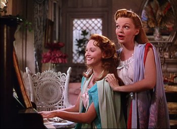 Movie still from “Meet Me in St. Louis” (1944), directed by Vincente Minnelli – Two women are looking at a computer screen; Medium shot, High angle