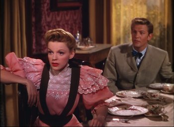 Movie still from “Meet Me in St. Louis” (1944), directed by Vincente Minnelli – A man and a woman sitting at a dinner table; Medium shot, Over the shoulder angle