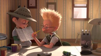 Movie still from “Meet the Robinsons” (2007), directed by Stephen J. Anderson – A boy with a spiky haircut is holding a pencil while another boy is holding a book; Medium shot, High angle