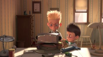 Movie still from “Meet the Robinsons” (2007), directed by Stephen J. Anderson – A couple of kids sitting next to each other on top of a table; Medium shot, Over the shoulder angle