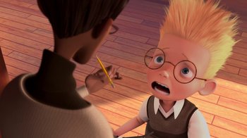 Movie still from “Meet the Robinsons” (2007), directed by Stephen J. Anderson – An animated scene of a boy with a pencil; Medium shot, Over the shoulder angle