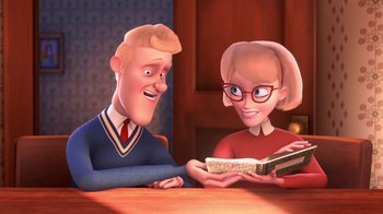 Movie still from “Meet the Robinsons” (2007), directed by Stephen J. Anderson – An animated man and a woman are reading a book together; Medium shot, Over the shoulder angle