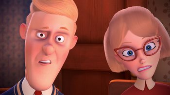 Movie still from “Meet the Robinsons” (2007), directed by Stephen J. Anderson – An animated man and a woman are looking at the camera; Close Up shot, Over the shoulder angle