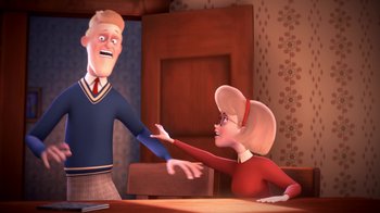 Movie still from “Meet the Robinsons” (2007), directed by Stephen J. Anderson – An animated man and a woman holding hands; Medium shot, Over the shoulder angle