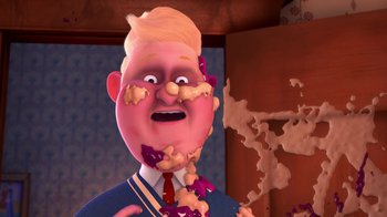 Movie still from “Meet the Robinsons” (2007), directed by Stephen J. Anderson – An animated character is covered in a lot of food; Close Up shot, Over the shoulder angle