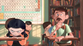 Movie still from “Meet the Robinsons” (2007), directed by Stephen J. Anderson – A cartoon of a man and a woman in a class room; Medium shot, Over the shoulder angle
