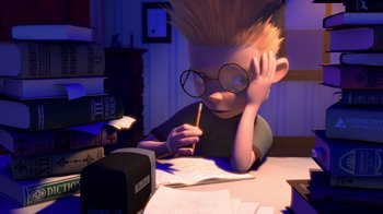 Movie still from “Meet the Robinsons” (2007), directed by Stephen J. Anderson – A boy with glasses is sitting at a table with a pencil; Medium shot, High angle