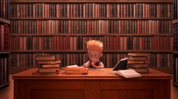 Movie still from “Meet the Robinsons” (2007), directed by Stephen J. Anderson – A person sitting at a desk with a laptop and books; Wide shot, High angle