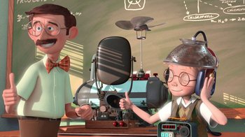 Movie still from “Meet the Robinsons” (2007), directed by Stephen J. Anderson – A cartoon of a man and a woman in front of an engine; Medium shot, High angle