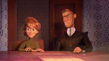 Movie still from “Meet the Robinsons” (2007), directed by Stephen J. Anderson – A man and a woman sitting at a dinner table; Medium shot, Over the shoulder angle