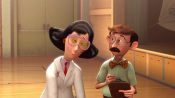Movie still from “Meet the Robinsons” (2007), directed by Stephen J. Anderson – An animated woman and a man are standing next to each other; Medium shot, Low angle