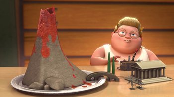 Movie still from “Meet the Robinsons” (2007), directed by Stephen J. Anderson – An animated scene of a man and a volcano; Wide shot, High angle