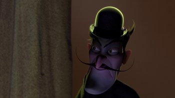 Movie still from “Meet the Robinsons” (2007), directed by Stephen J. Anderson – An animated picture of a man wearing a top hat; Close Up shot, Low angle