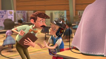 Movie still from “Meet the Robinsons” (2007), directed by Stephen J. Anderson – A man and a woman are talking to each other; Medium shot, Over the shoulder angle