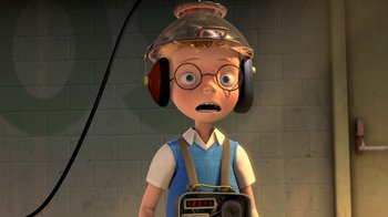 Movie still from “Meet the Robinsons” (2007), directed by Stephen J. Anderson – A cartoon of a boy with headphones and a camera; Medium shot, High angle