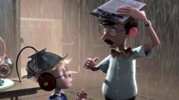 Movie still from “Meet the Robinsons” (2007), directed by Stephen J. Anderson – An animated man and a boy in the rain talking to each other; Medium shot, Over the shoulder angle