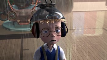 Movie still from “Meet the Robinsons” (2007), directed by Stephen J. Anderson – An animated boy with headphones on his head; Close Up shot, High angle