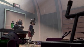 Movie still from “Meet the Robinsons” (2007), directed by Stephen J. Anderson – A robot is standing in the middle of a room; Wide shot, High angle