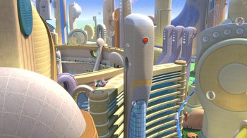 Movie still from “Meet the Robinsons” (2007), directed by Stephen J. Anderson – An image of an animated city with a lot of buildings; Extreme Wide shot, High angle