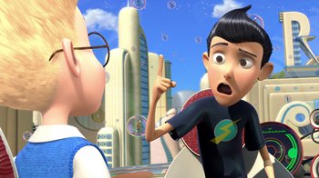 Movie still from “Meet the Robinsons” (2007), directed by Stephen J. Anderson – A boy and a girl are blowing soap bubbles in front of a city skyline; Medium shot, Over the shoulder angle