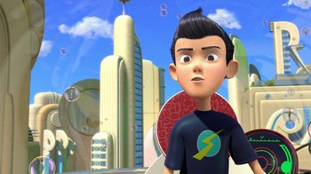 Movie still from “Meet the Robinsons” (2007), directed by Stephen J. Anderson – A cartoon of a boy in a blue shirt; Close Up shot, Low angle
