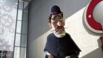 Movie still from “Meet the Robinsons” (2007), directed by Stephen J. Anderson – An animated man with a mustache and a hat; Medium shot, Low angle