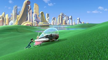 Movie still from “Meet the Robinsons” (2007), directed by Stephen J. Anderson – An animated scene of a boy running towards a spaceship; Extreme Wide shot, High angle