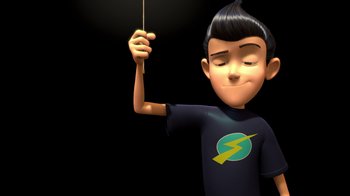 Movie still from “Meet the Robinsons” (2007), directed by Stephen J. Anderson – A cartoon boy is holding a stick in his hand; Medium shot, Low angle