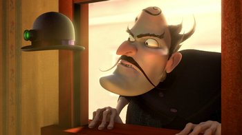 Movie still from “Meet the Robinsons” (2007), directed by Stephen J. Anderson – An animated character looking out a window at the sun; Medium shot, Low angle