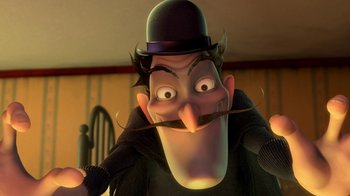 Movie still from “Meet the Robinsons” (2007), directed by Stephen J. Anderson – An animated man with a mustache wearing a top hat; Close Up shot, Low angle