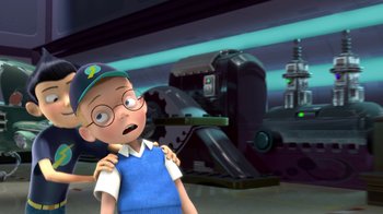 Movie still from “Meet the Robinsons” (2007), directed by Stephen J. Anderson – A cartoon of a boy with glasses looking surprised; Medium shot, Over the shoulder angle