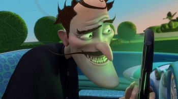 Movie still from “Meet the Robinsons” (2007), directed by Stephen J. Anderson – An animated man with a mustache and a goatee is smiling; Close Up shot, High angle