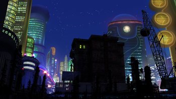 Movie still from “Meet the Robinsons” (2007), directed by Stephen J. Anderson – An image of a city at night with lights; Extreme Wide shot, Low angle
