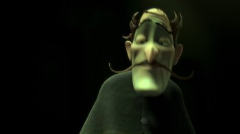 Movie still from “Meet the Robinsons” (2007), directed by Stephen J. Anderson – An animated character with horns on his head; Close Up shot, Over the shoulder angle