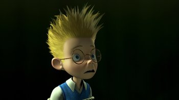 Movie still from “Meet the Robinsons” (2007), directed by Stephen J. Anderson – A cartoon of a boy with yellow hair and glasses; Medium shot, Low angle
