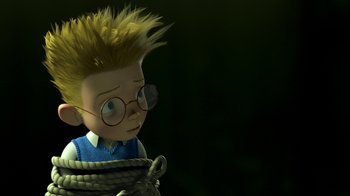Movie still from “Meet the Robinsons” (2007), directed by Stephen J. Anderson – A cartoon of a boy with a rope around his neck; Close Up shot, Over the shoulder angle